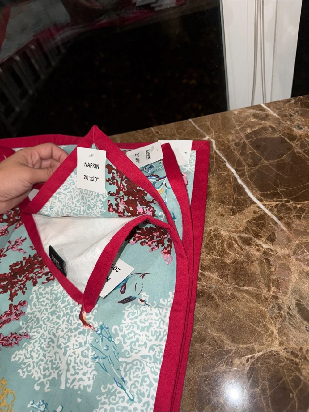 Ocean Coral Print Kitchen Towel Set with Red Trim